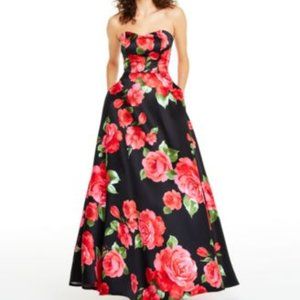 B Darlin Juniors Strapless Floral-Prin BlackRedGre